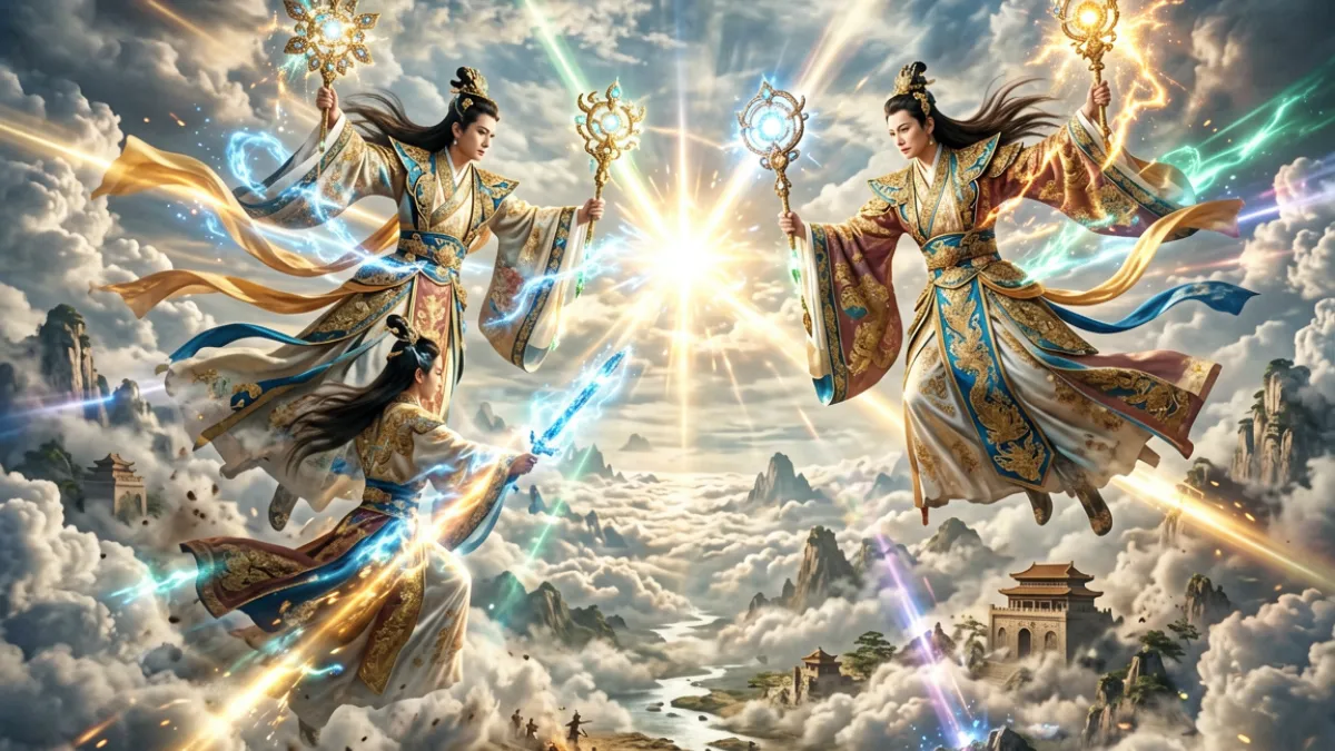 封神三部曲第二部天界战役关键场景，展示大规模神仙对决的壮观特效画面