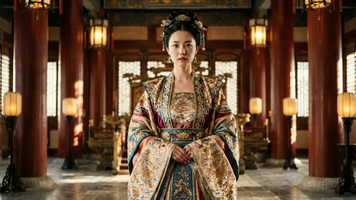 潘甜甜封神三部免费观看第一部剧集场景，角色身着古装在宫廷背景前正面对峙的剧照风格插图