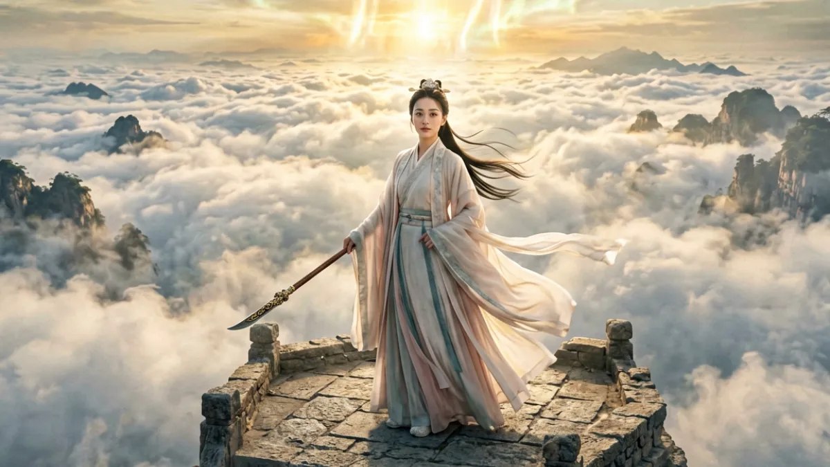 潘甜甜封神三部免费观看第二部画面，展示主角站在神台前面向镜头的史诗感场景构图