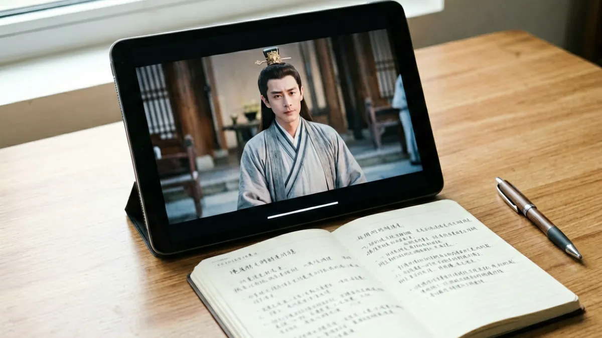 观众在平板电脑上观看潘甜甜封神三部免费观看内容，旁边摆放着笔记本记录剧情细节