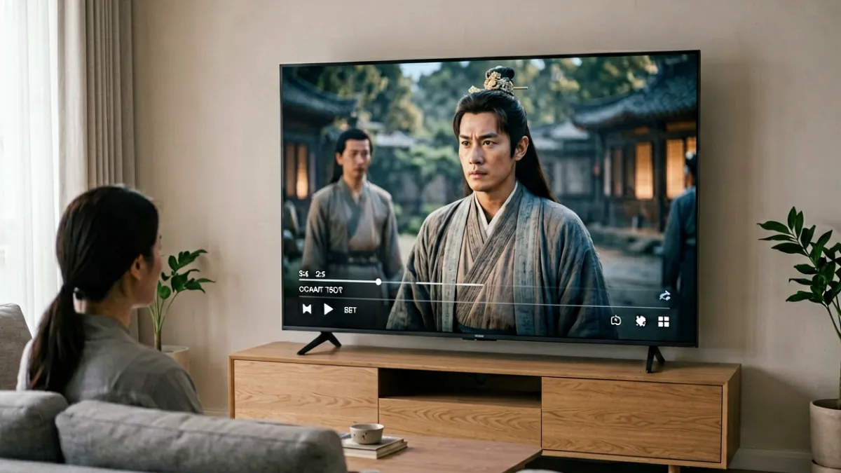 电视大屏上播放潘甜甜封神三部免费观看内容，客厅场景呈现宽银幕效果
